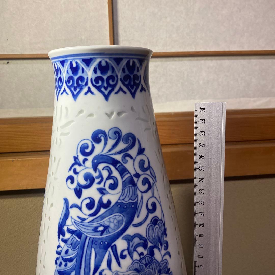 中国美術　蛍手染付花瓶　景徳鎮製