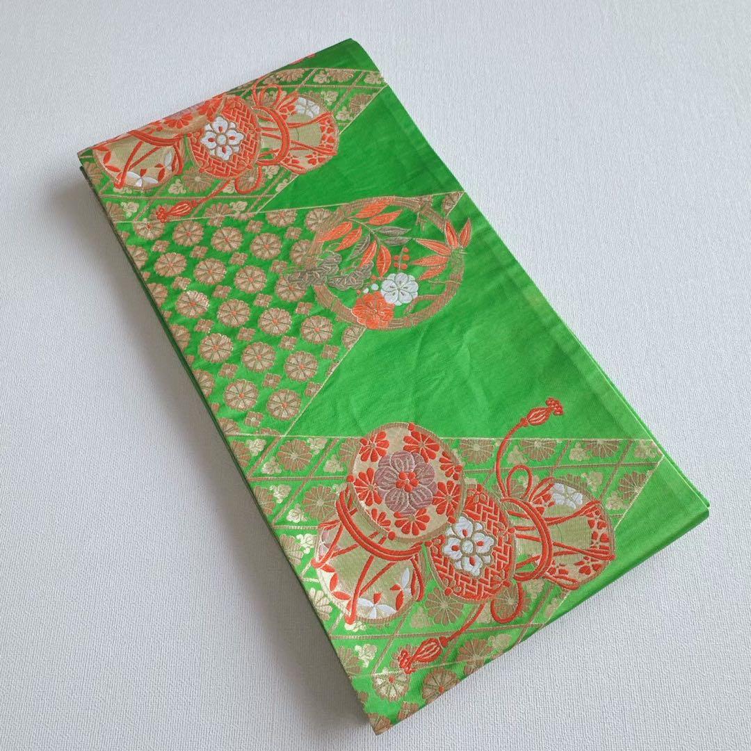 フルセット　七五三　７歳女の子　赤地梅毬　緑地袋帯　鼓　長襦袢付　小物7086