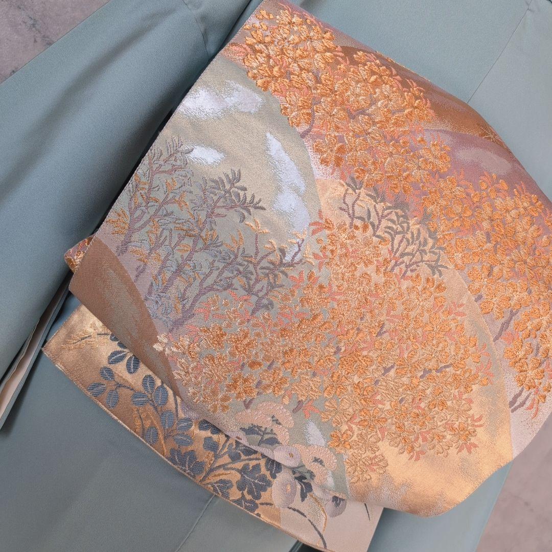 訪問着　フルセット　着物　正絹　淡い青緑　金彩加工　洋花　優美　爽やか　B2