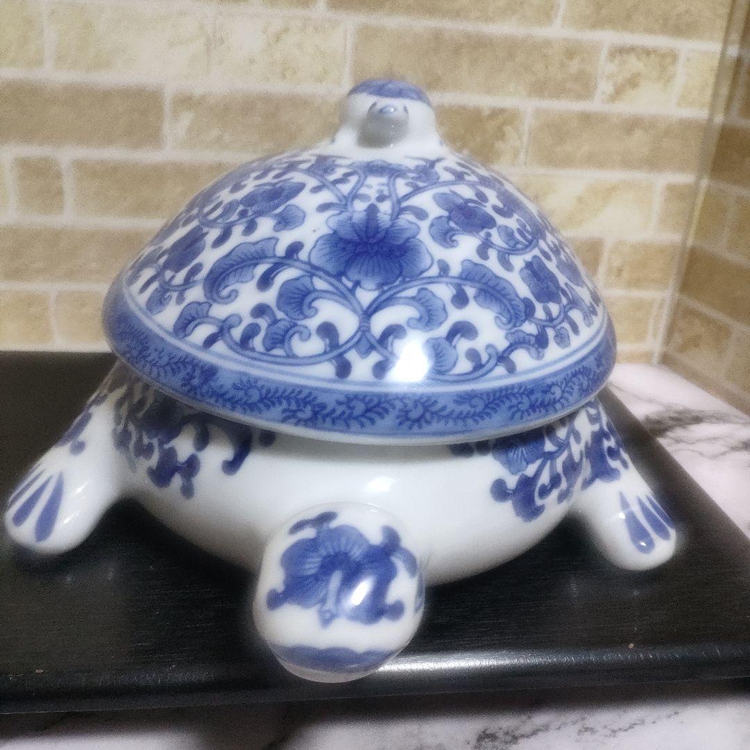 陶器製 染付 唐草 亀 タートル 親子 蓋物 小物入れ 大型サイズ