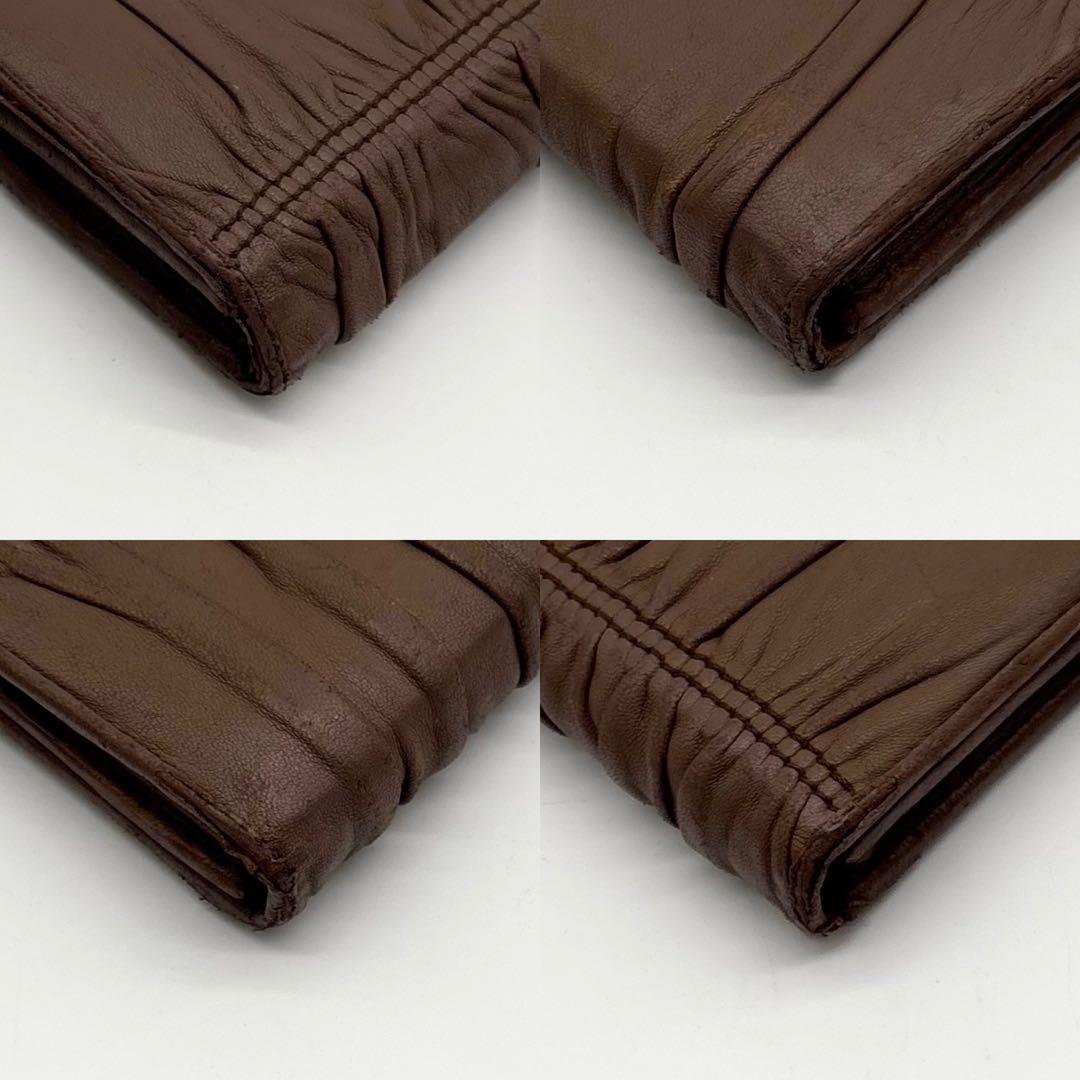 【美品】 付属品完備 PRADA レザー ギャザー 長財布 ロゴ金具 ベージュ