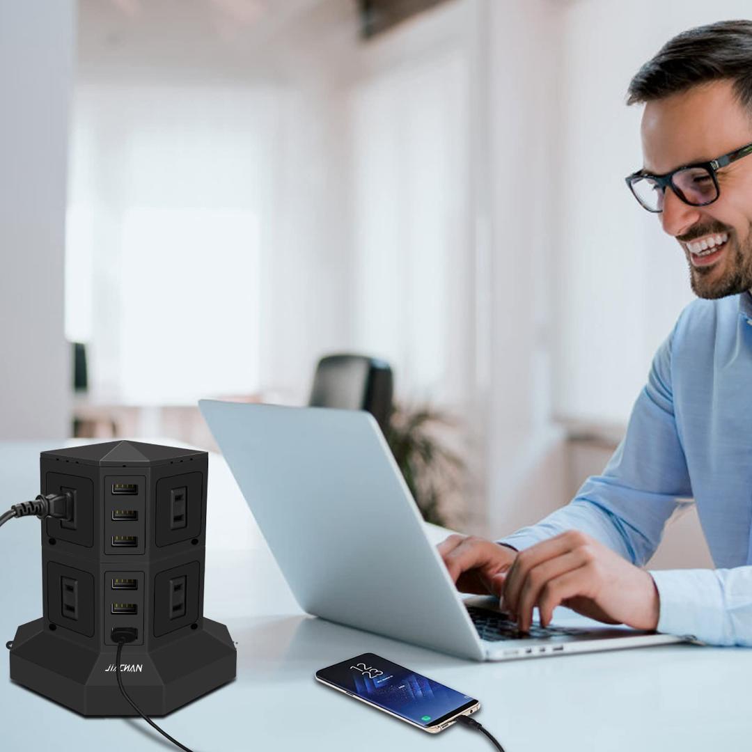 雷ガード 過負荷保護 1500W タワー式電源タップ 縦 8AC 6USB