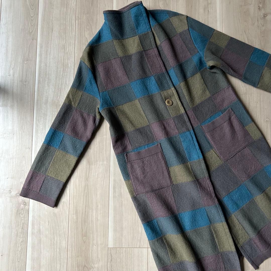ほぼ未使用＊佐藤繊維 イイネス チェック柄 パッチワーク 圧縮ニットコート