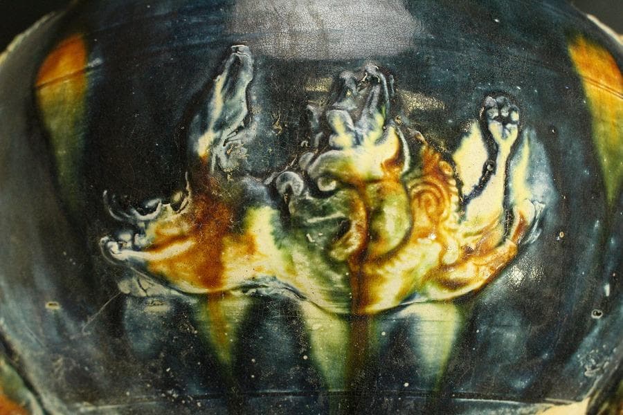 中国美術 三彩 獅子紋 三足壷(A818)