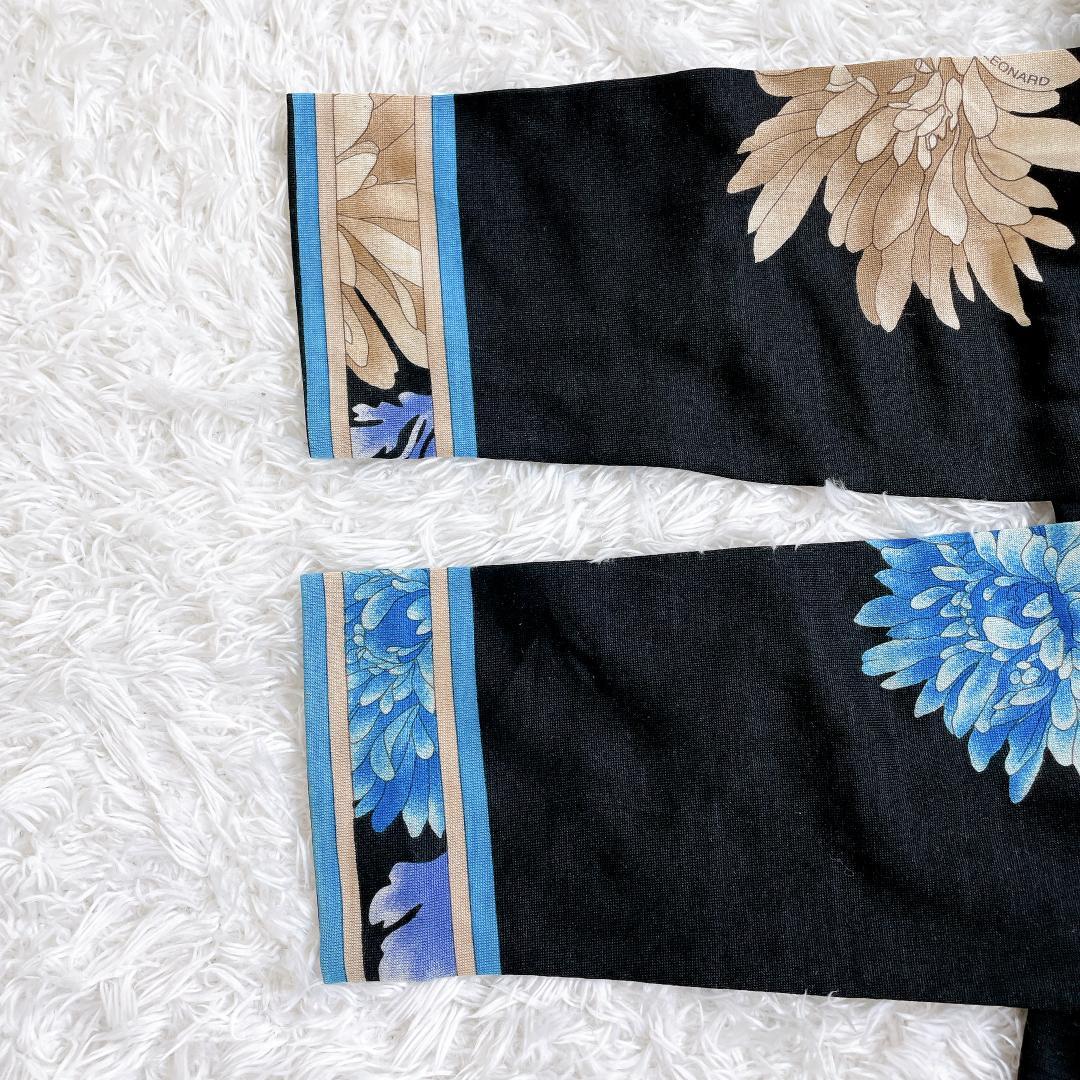 レオナール シルク混 長袖カットソー ブラック 花柄 トリム L