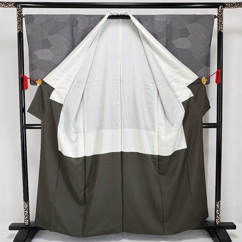 藤　江戸小紋　寄せ柄　ちりめん　裄66㎝　美品　黒色系　正絹　K802