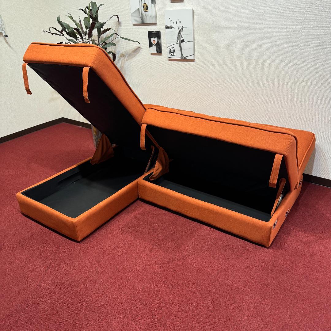 超美品L字型ソファー　収納有　オシャレなレンジ色