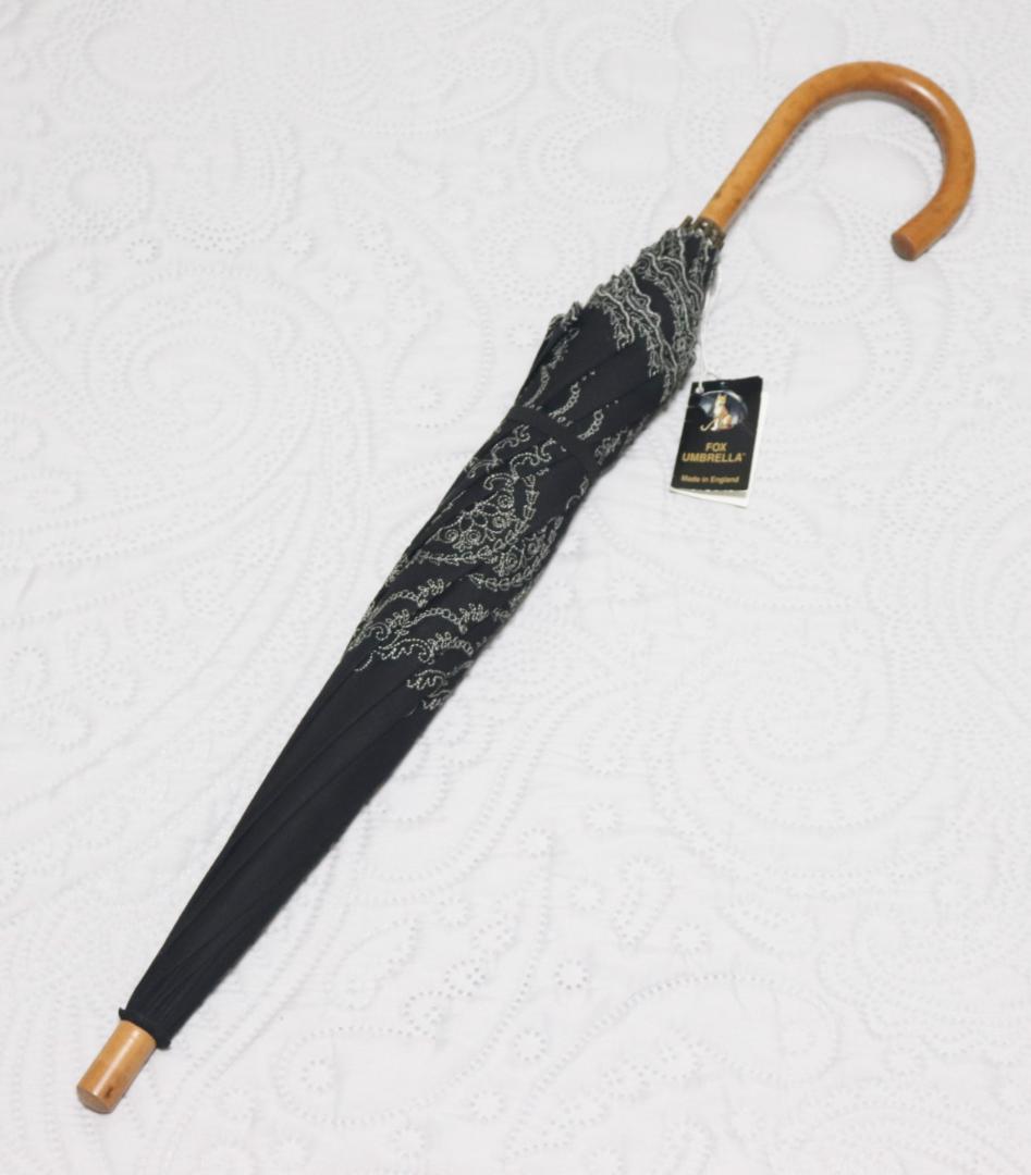 新品タグ付き【フォックスアンブレラ】長傘 英国製 繊細豪華刺繍 高級日傘 黒