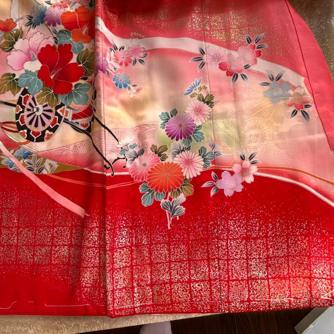 新品　正絹七五三用着物 ピンクと赤 花柄 身丈98cm お祝着物　日本製