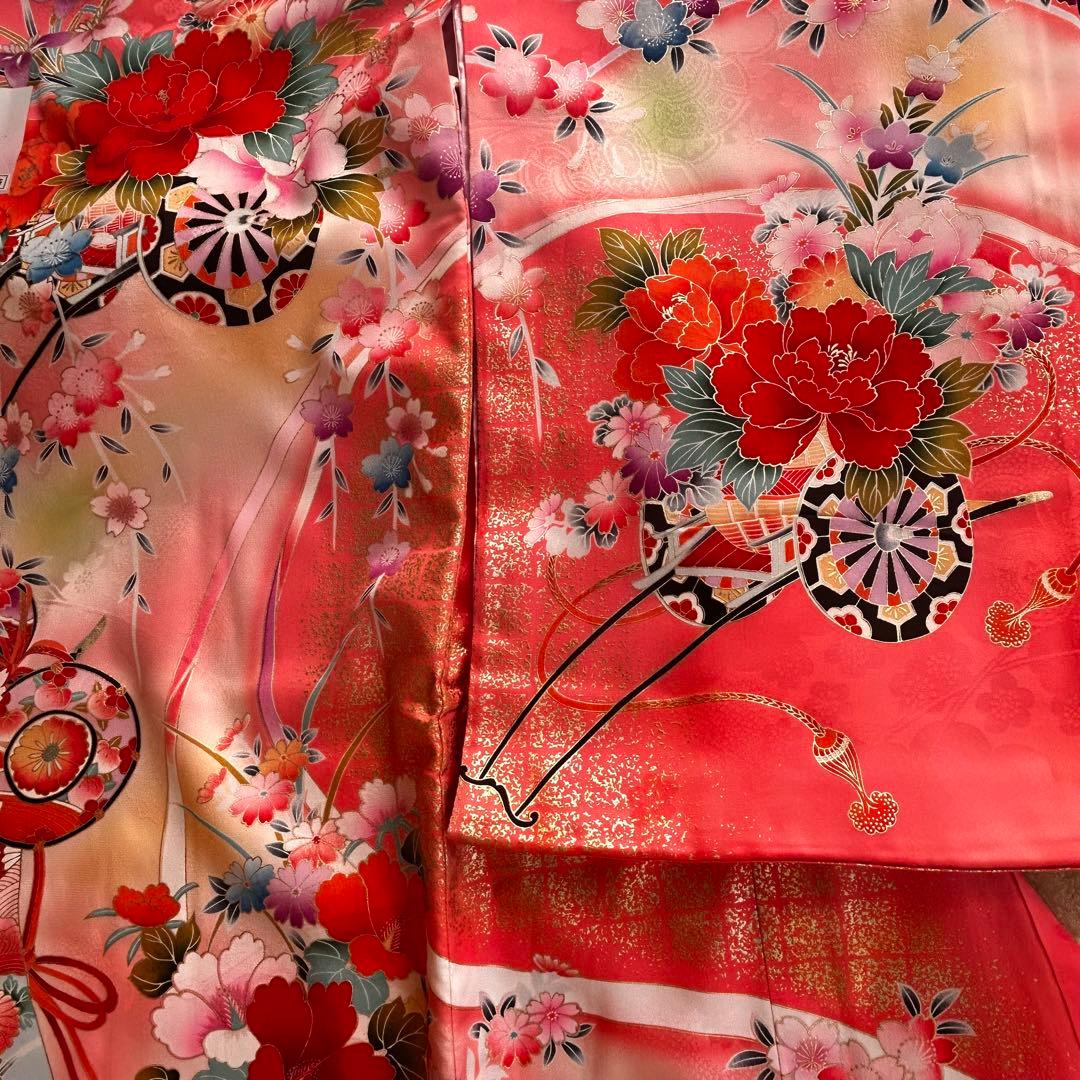 新品　正絹七五三用着物 ピンクと赤 花柄 身丈98cm お祝着物　日本製