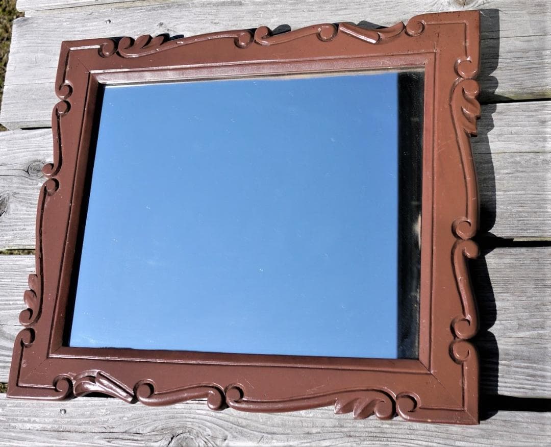 木彫り壁掛け鏡 レリーフウォールミラー 唐木ローズウッド 昭和家具