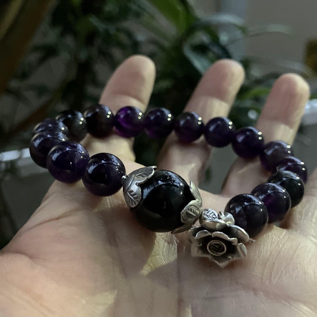 アメジストとモリオンカレンシルバーの薔薇、タイチンルチルブレスレット2本