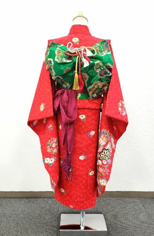 七五三　7歳　120cm　ポリエステル　赤　つくり帯