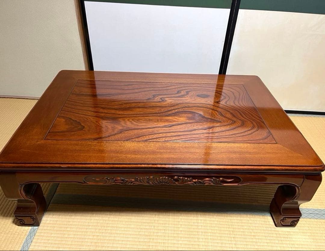 【美品】高級座卓 和机 120cm 天然木 彫刻脚 欅（けやき）調