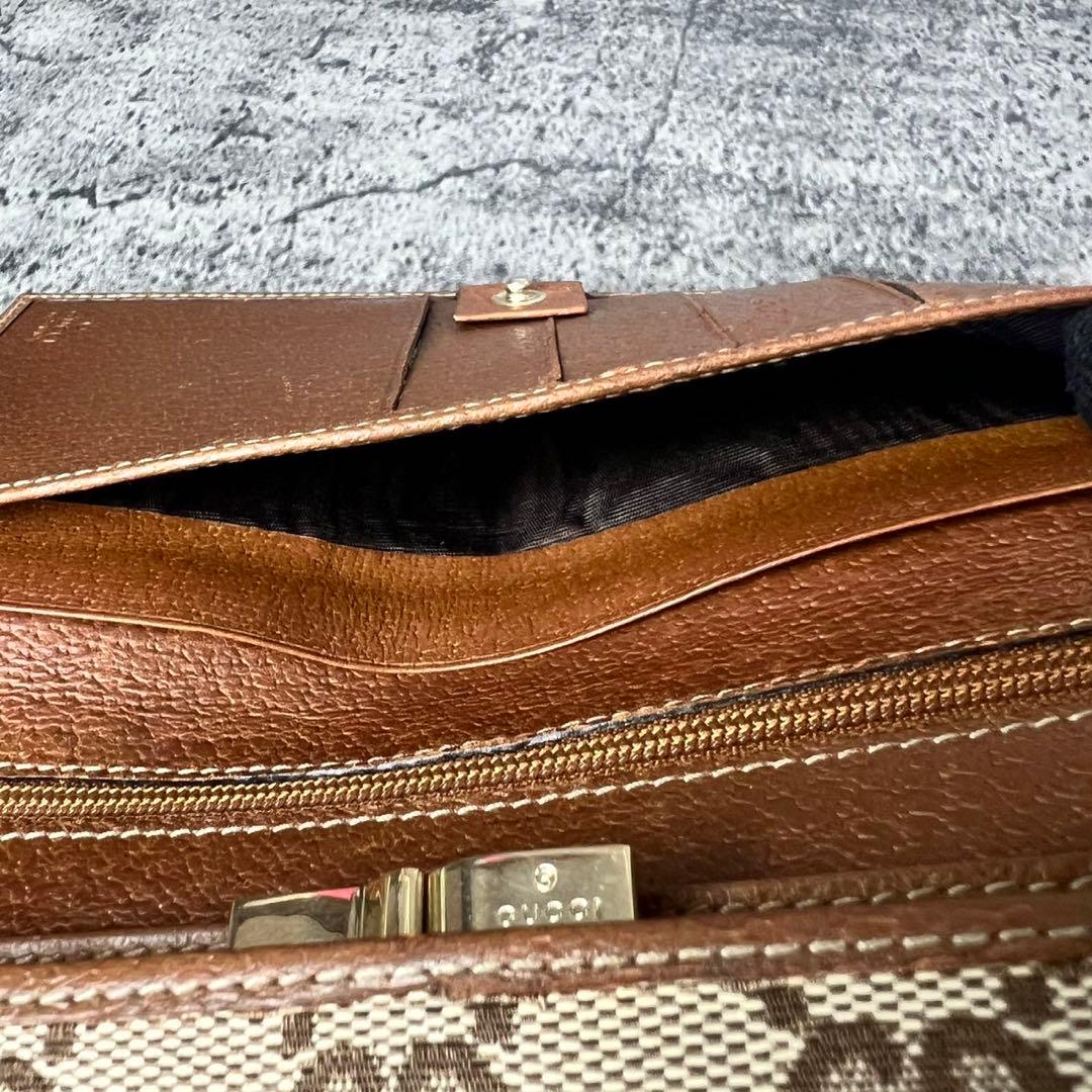GUCCI GGキャンバス がま口 レザー 長財布 ブラウン