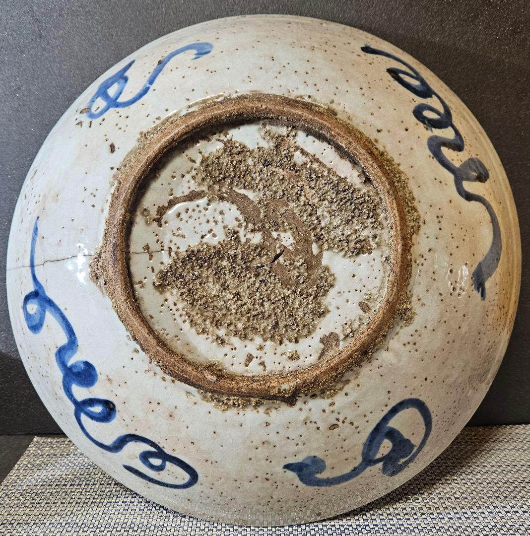 中国古陶磁　明代　17世紀前期　双鳳凰図　呉須鉢　古染付　大皿　大鉢33.3cm