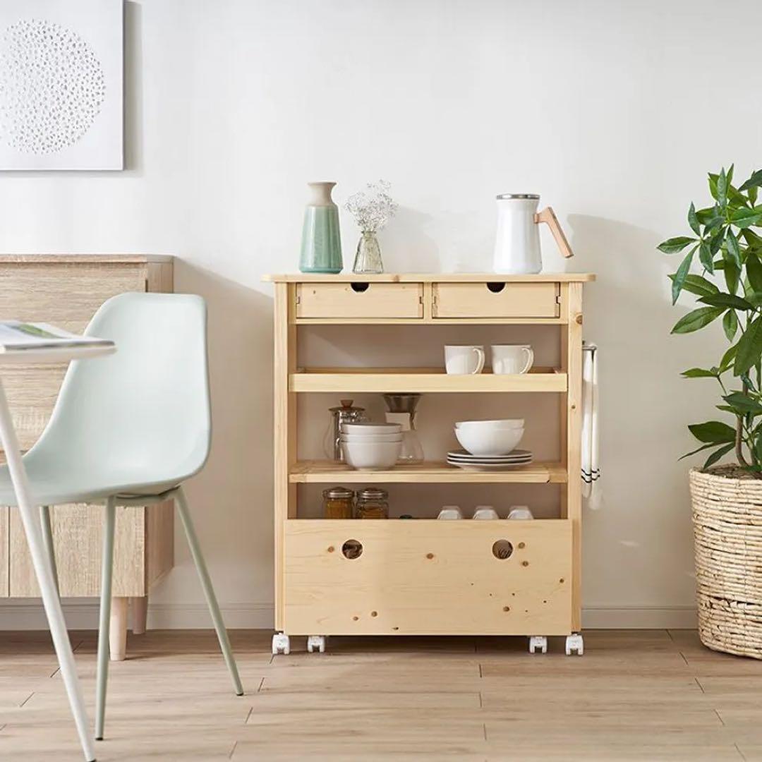 【LOWYA/ロウヤ】キッチンワゴン タオルハンガー付き 天然木使用