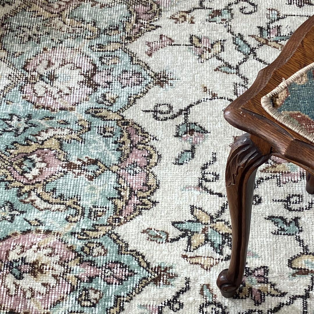 ペパーミントグリーン　ピンクベージュ73×222ランナー　トルコヴィンテージラグ