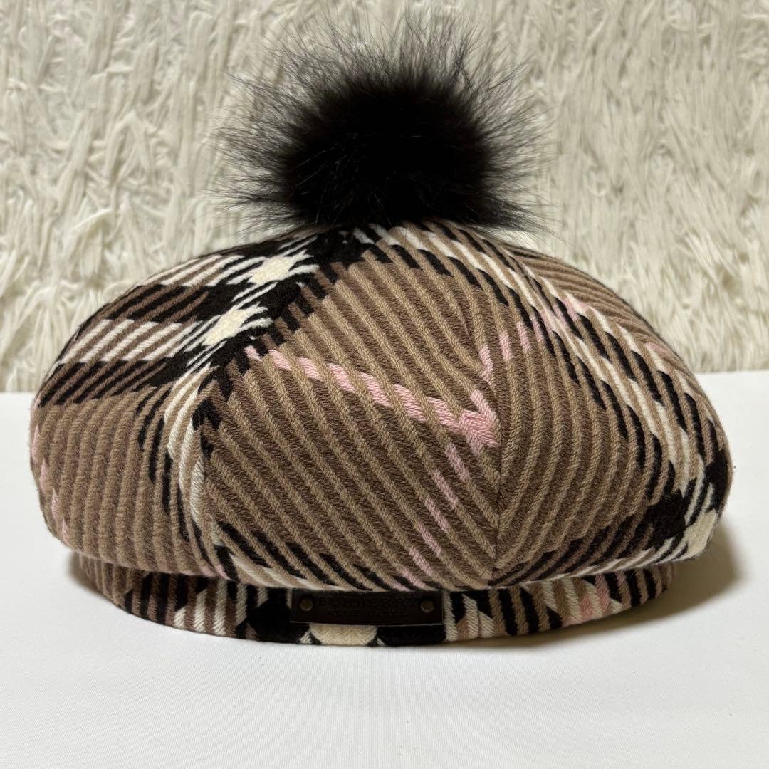 ★美品★バーバリーブルーレーベル ウールベレー帽 フォックスファー ノバチェック