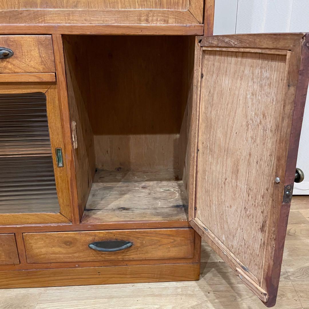 昭和 レトロ　戸棚　モールガラス　食器棚　本棚　アンティーク　当時物　水屋