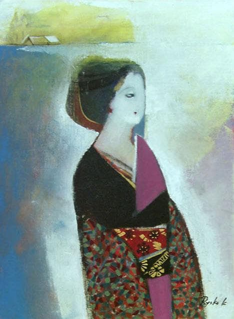 油絵 菅家令子絵 絵画インテリア額付(青緑＋金色の枠)F4-242023和服女性