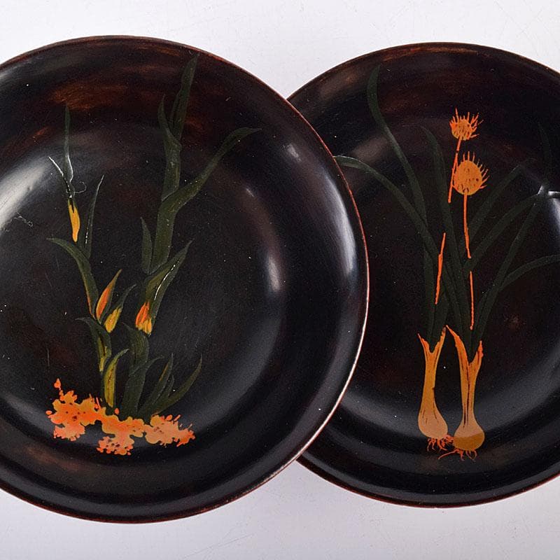 時代輪島塗　黒漆　蒔絵絵変銘々皿　木皿　十客　時代箱付　V　R8927