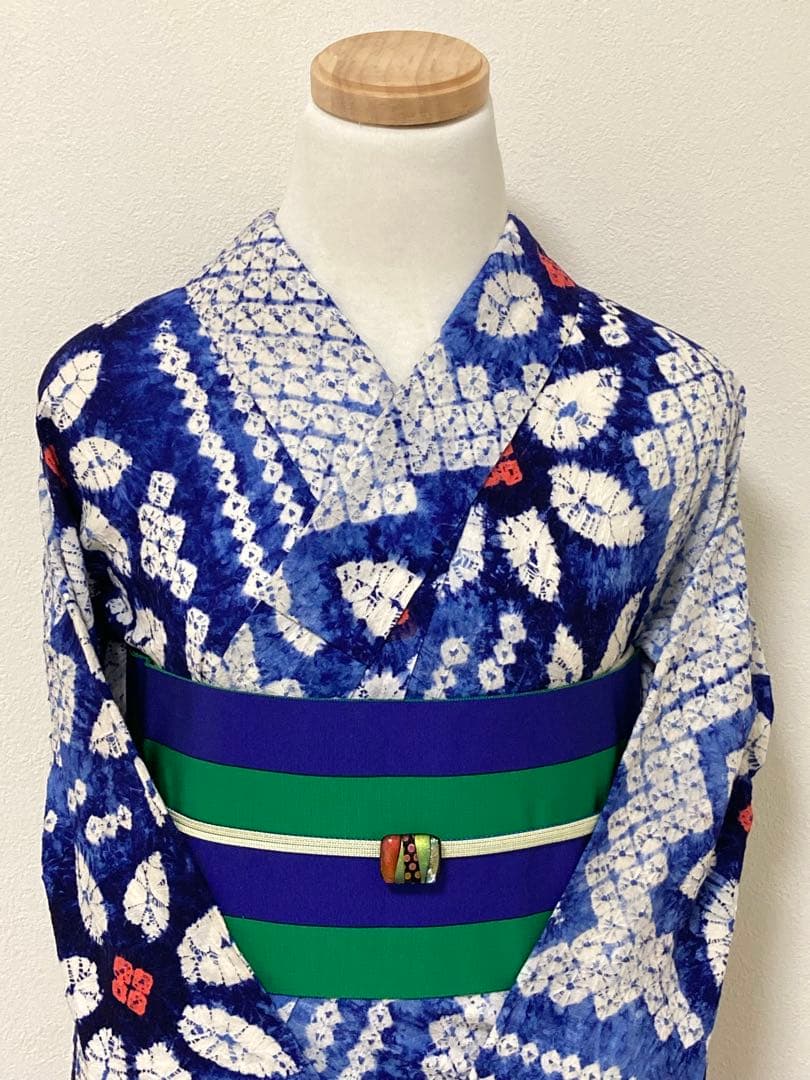 浴衣　有松鳴海絞り　縞と鉄線　裄68.5cm