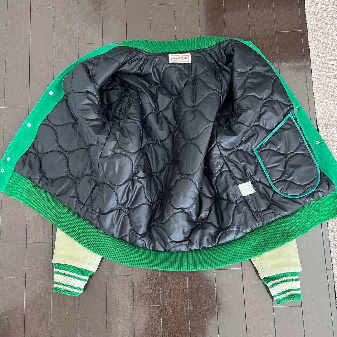 テンダーロイン スタジャン ベースボールジャケット グリーン 袖レザー サイズL