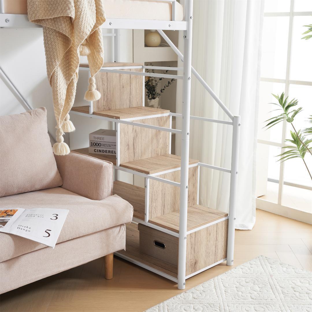 新作 ホワイト　ロフトベッド 片側手すり付き 収納付き パイプベッド