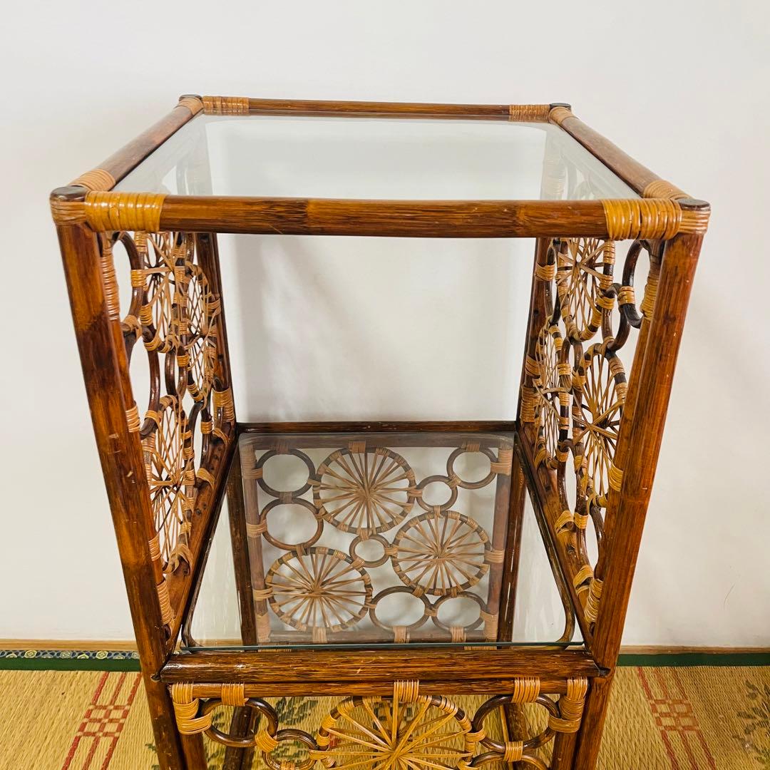 昭和レトロ ラタン 籐 ガラス 飾り棚 チェスト ヴィンテージ アンティーク
