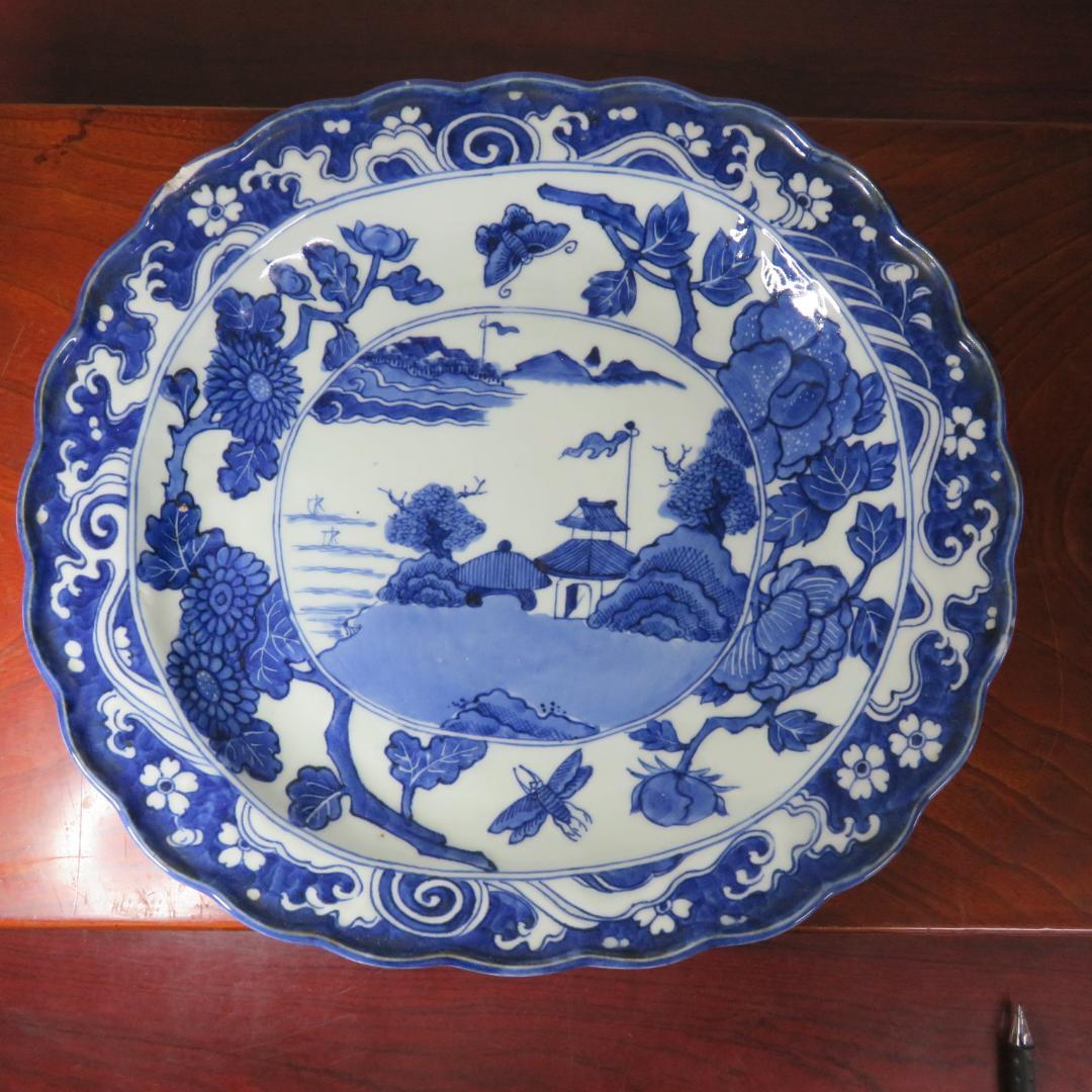古伊万里 大皿 欠け 変形皿 山水 菊 牡丹 波文 染付