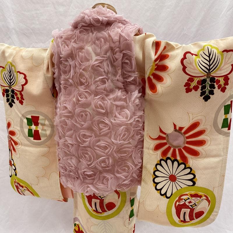 506ag36◎七五三 三歳 女の子 アンティーク着物&被布&長襦袢 花文様◎