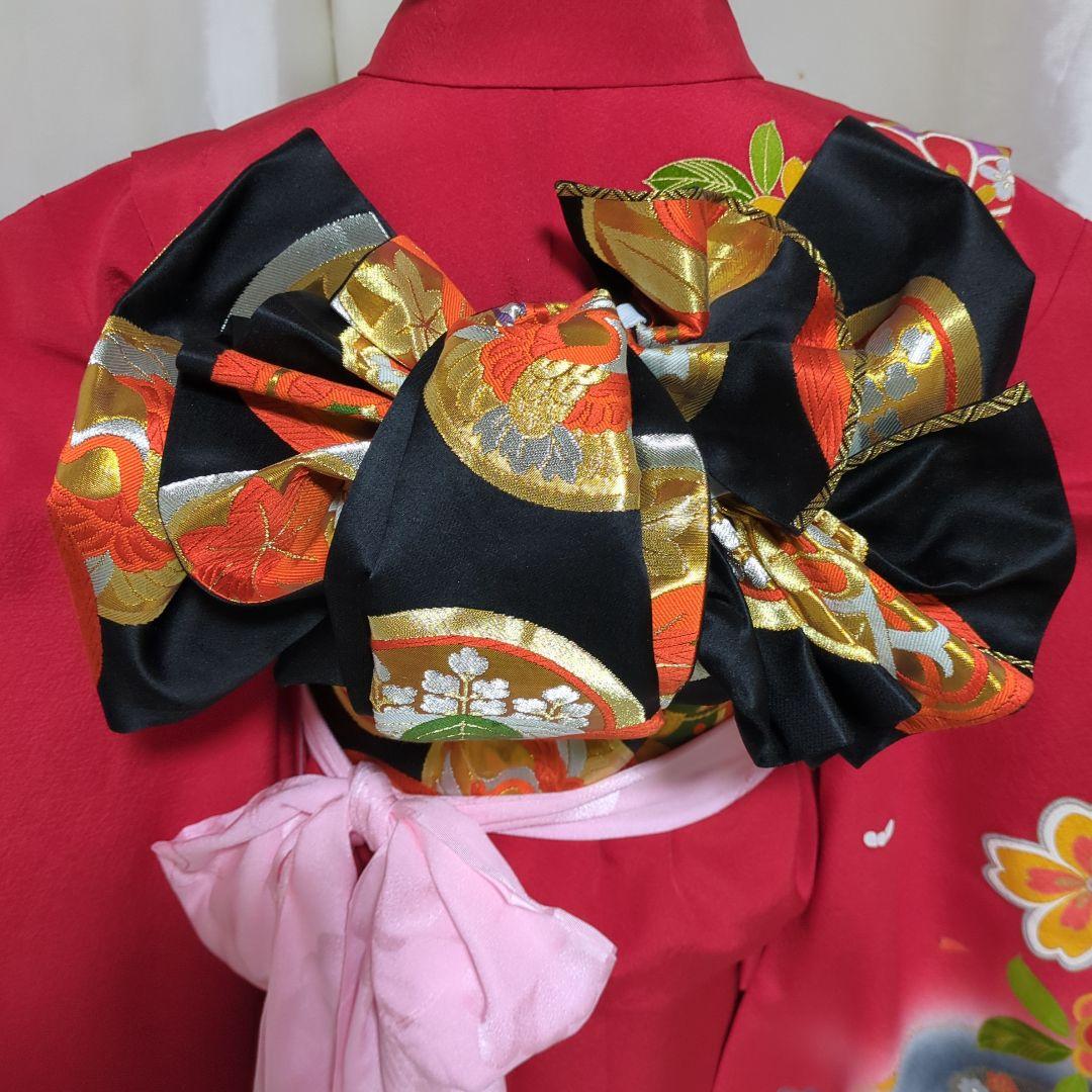 七五三　７歳女の子用 赤色花柄 正絹着物 　簪セット付き