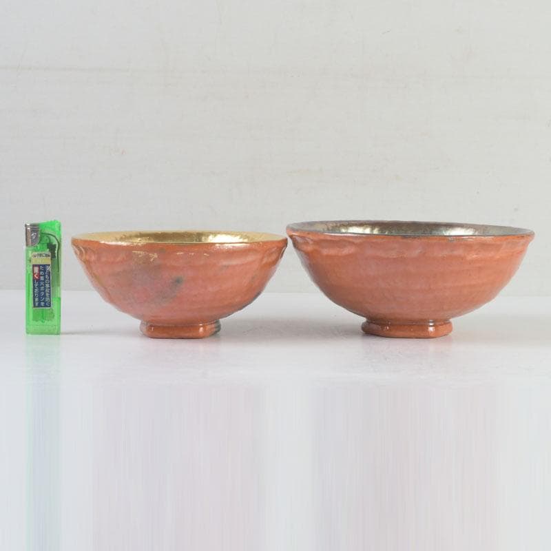 茶道具　八坂焼　赤楽　金銀二段　嶋台茶碗　共箱　V　9818