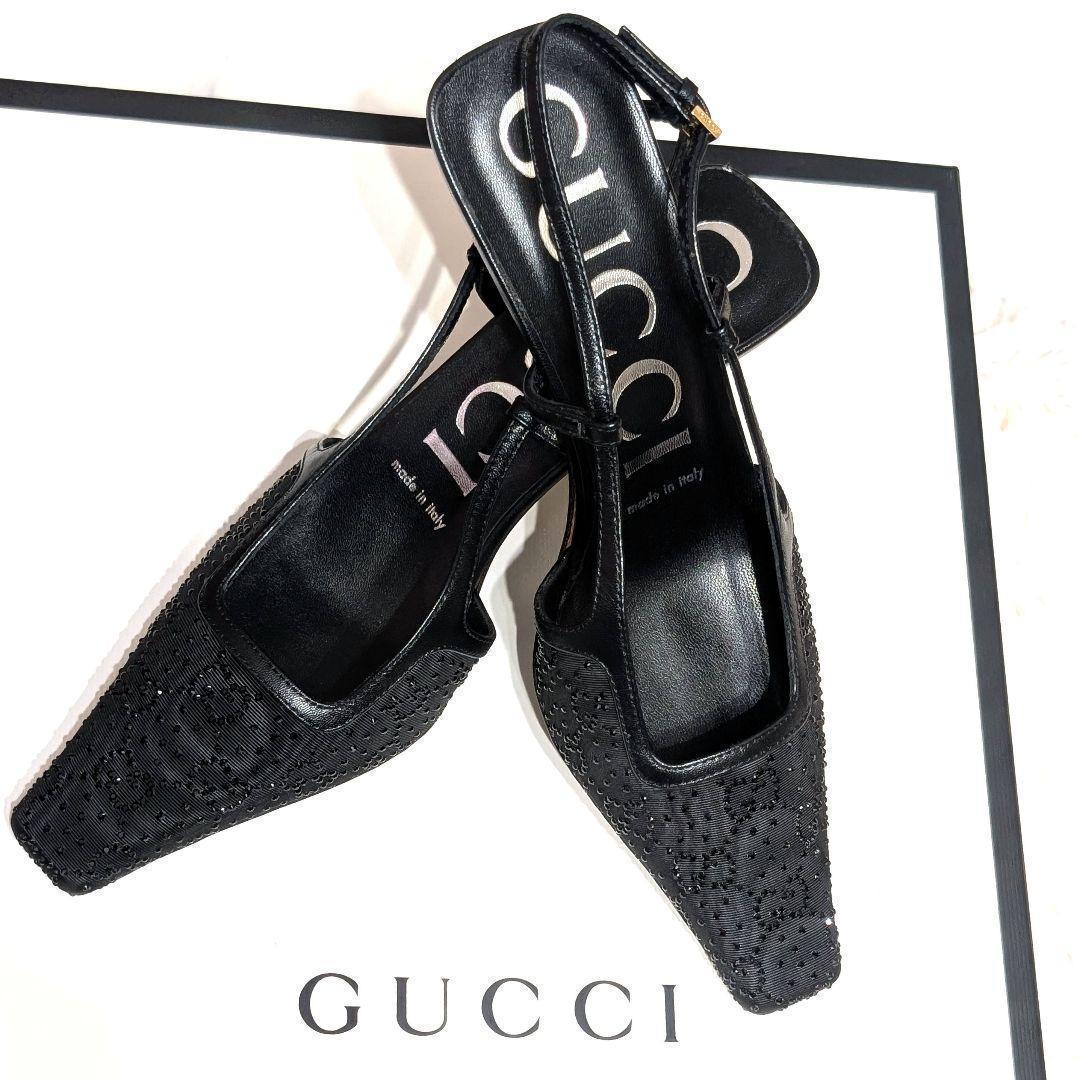 定価13万80%オフ☆GUCCI スリングバックパンプス GGラインストーン