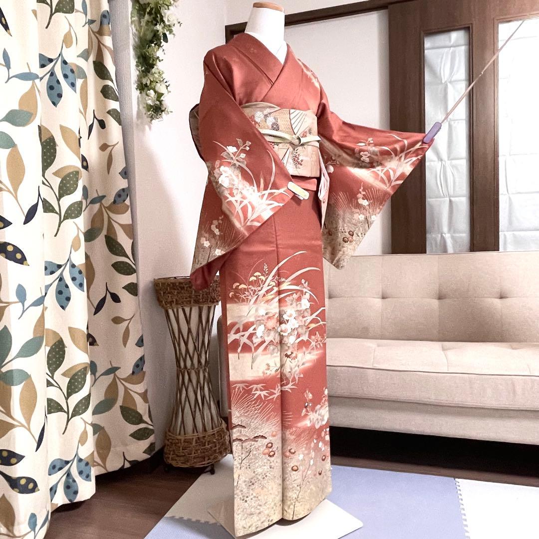 オレンジ　友禅 4点 フルセット 訪問着 入学式 卒業式 入園式 春 秋 冬