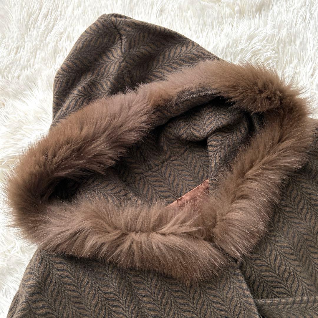 カシミヤ100% ヘリンボーン柄 ファー付ブラウンポンチョ 中柄 Fサイズ