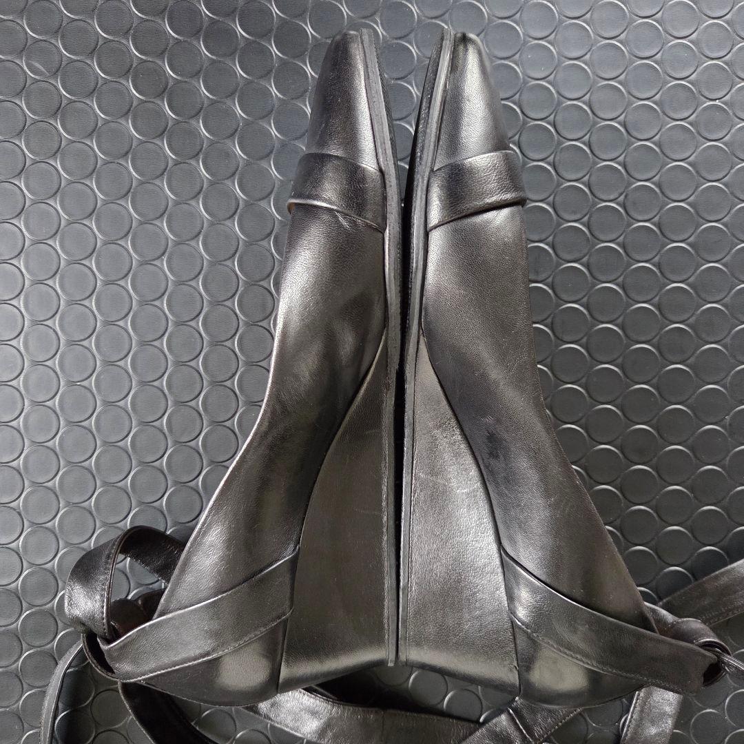 HERMES　レザーパンプス　リボン アンクルストラップ　ウエッジソール　23㎝