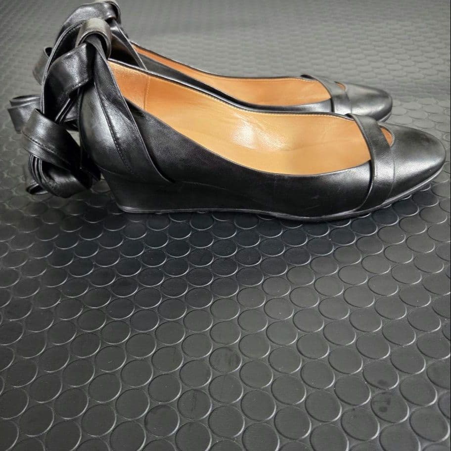 HERMES　レザーパンプス　リボン アンクルストラップ　ウエッジソール　23㎝