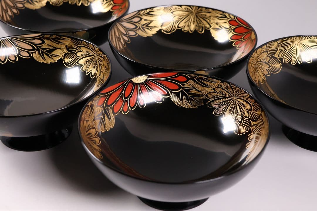 【CM366】輪島塗 塩徳屋漆器店 沈金 菊尽 煮物椀 五客 木製漆器 黒塗