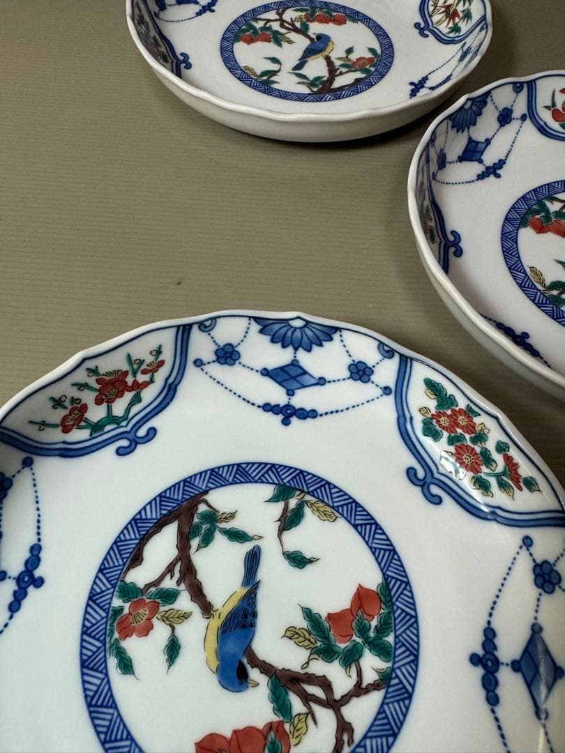2814 九谷焼　花鳥文　中皿　5客　19cm 未使用