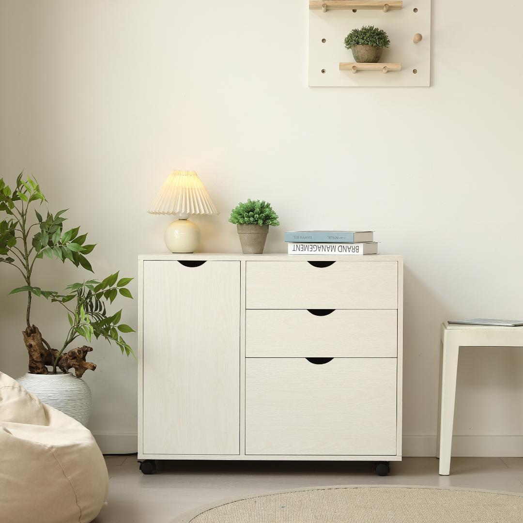 キャビネット幅80 北欧 サイドボード チェスト キャスター付きWHITE