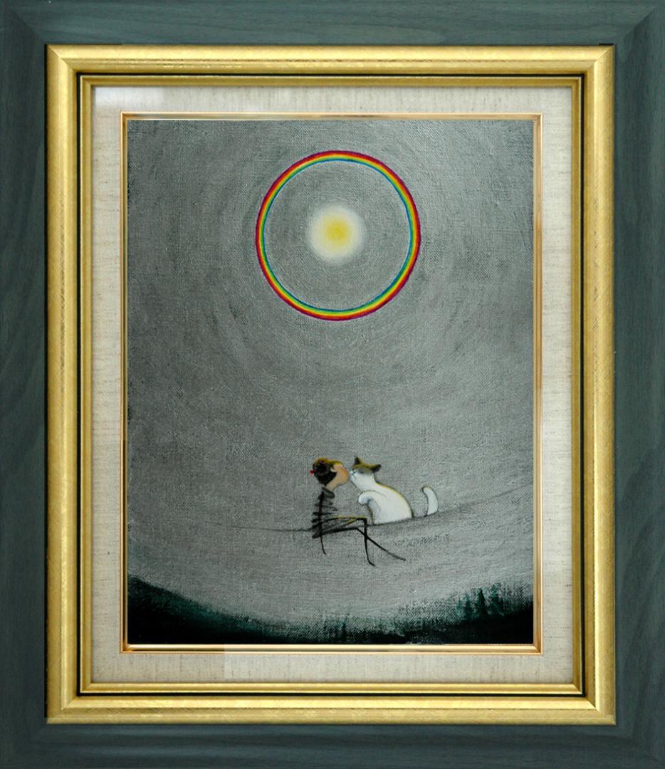 油絵 菅家令子 絵 絵画インテリア額付(淡い銀青緑) F3-031019猫女の子