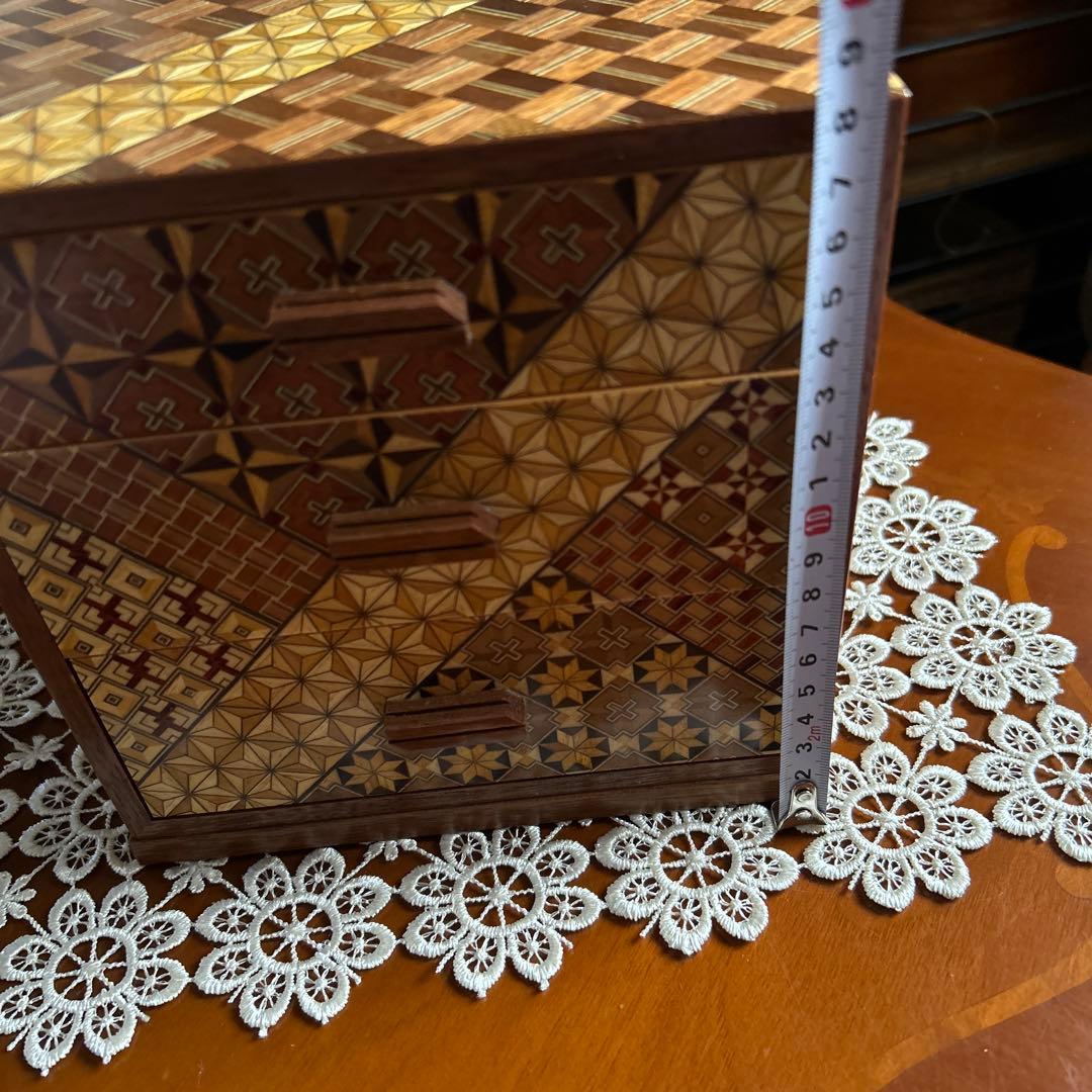【美品】箱根寄木細工 三段小引き出し 伝統工芸 幾何学文様 木工芸