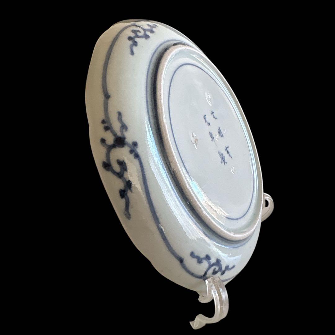 伊万里 有田 染付 印判手 輪花小皿 蛸唐草 見返し蓮弁帯 見込 竹葉 花枝