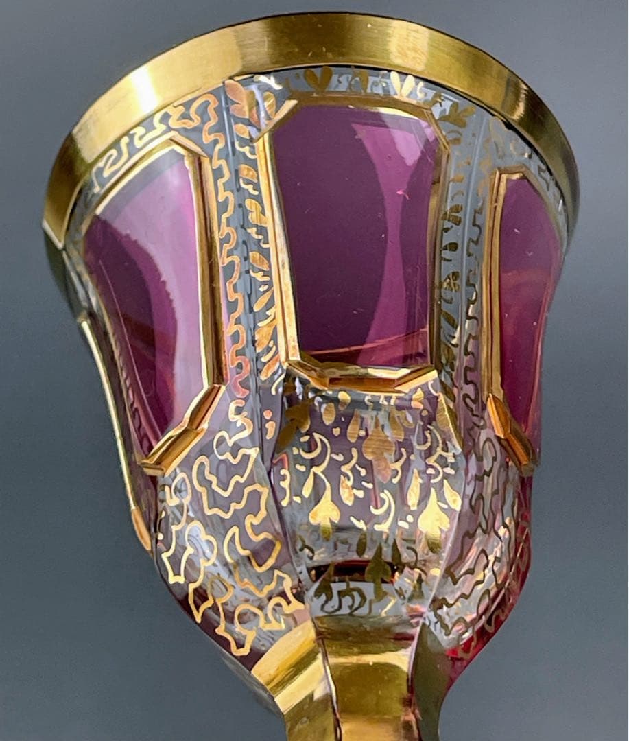 ボヘミア パネルグラス ２個セット クランベリー被せ ワイングラス クサック