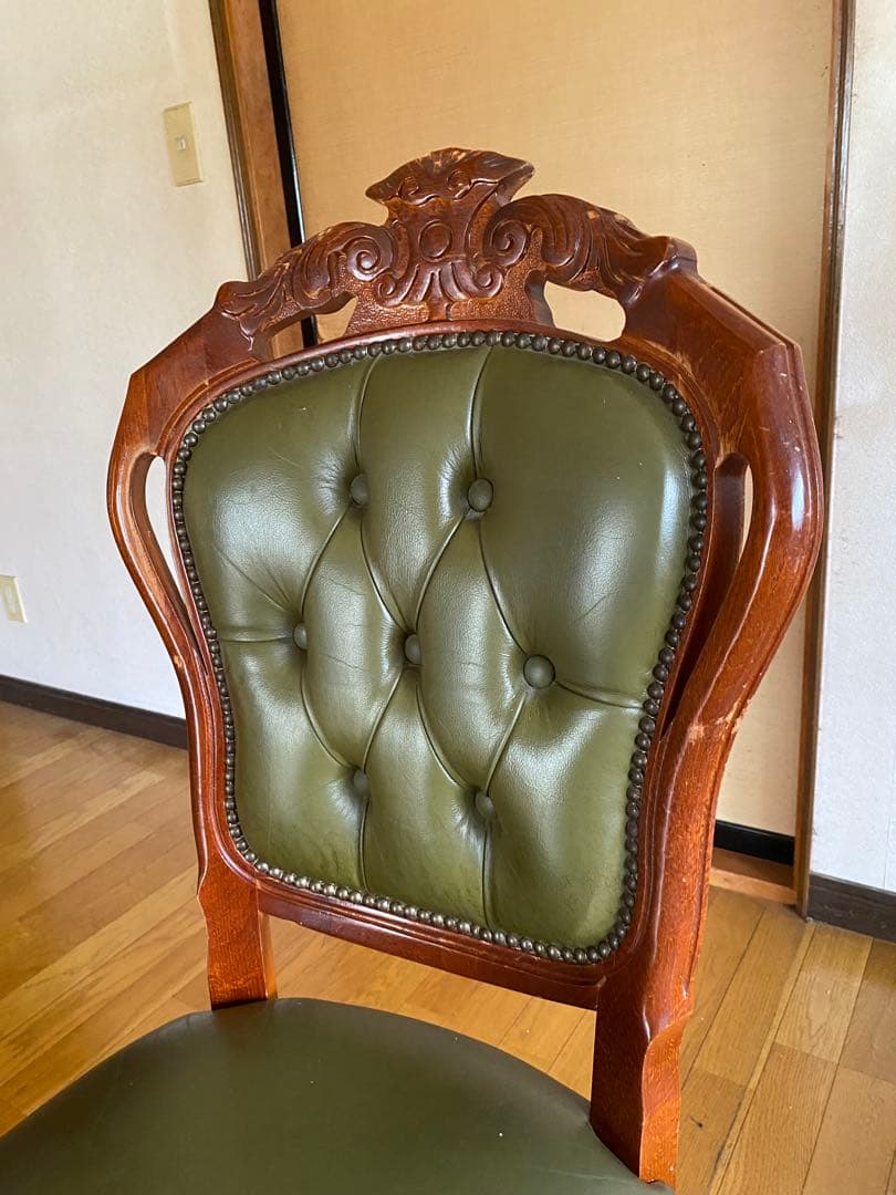 【高級アンティーク調】ダイニングチェア木製 グリーン 合皮 クラシックデザイン④