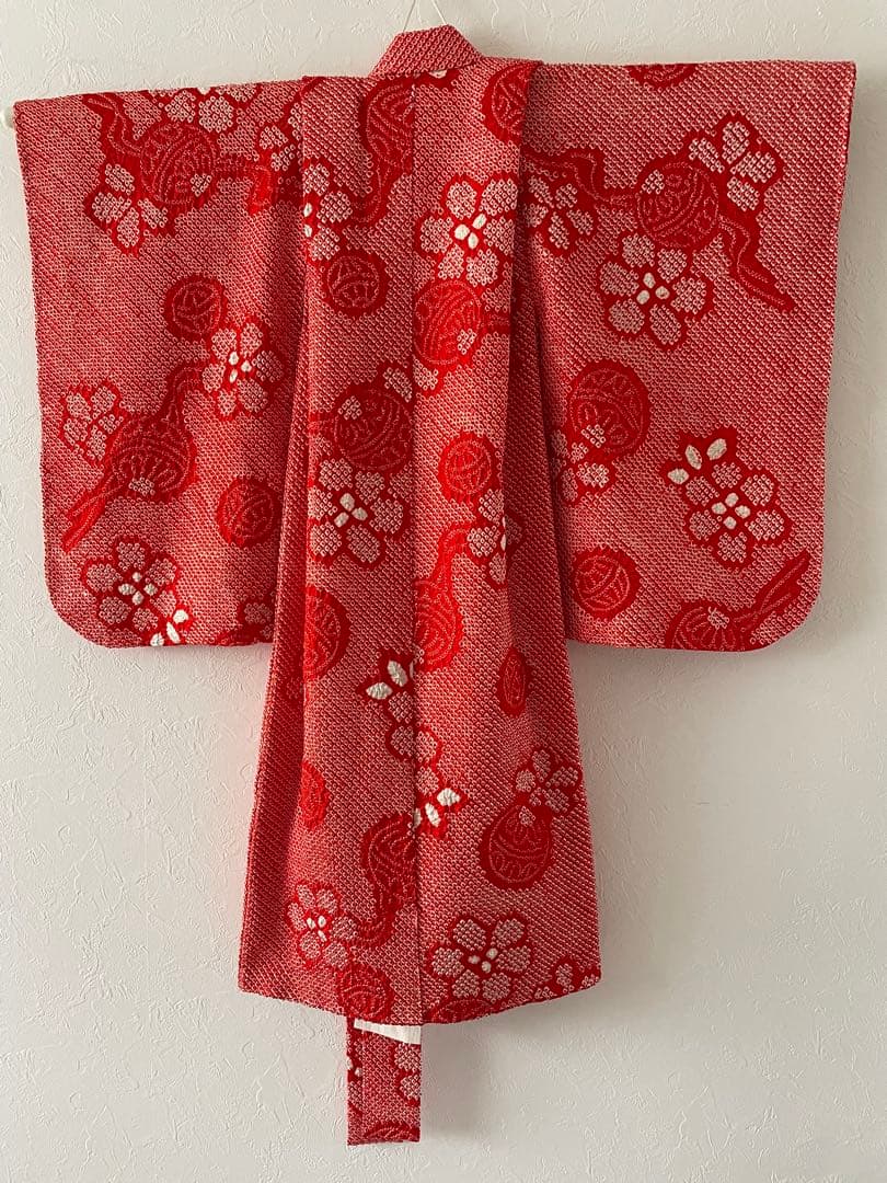 美品　七五三　3歳　正絹総絞りのお着物セット　正絹白地のちりめん被布　手毬