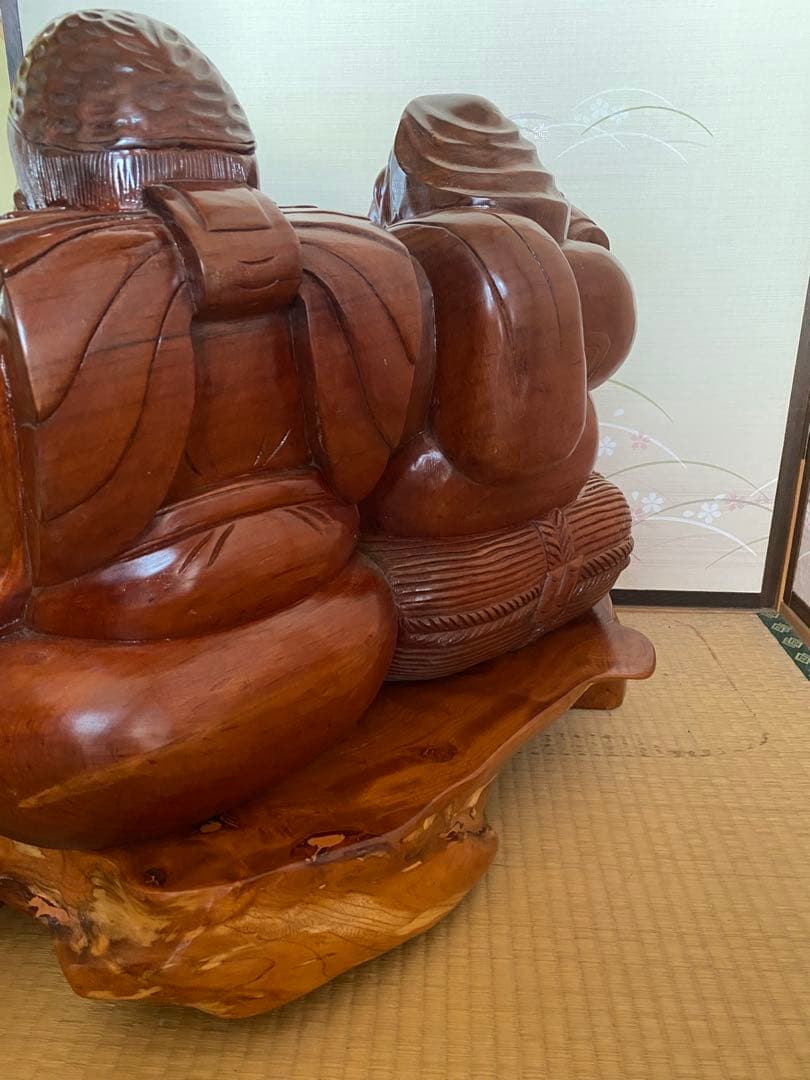 恵比寿と大黒天の木像　七福神　商売繁盛　大漁　財福　骨董　台座付　特大