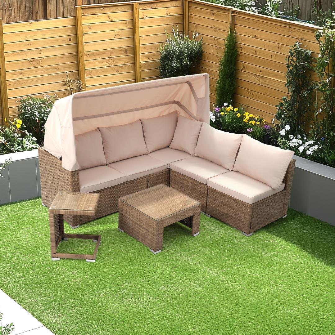 パラソル付き ガーデンファニチャー 5点 ラタン調 ガーデン テーブル チェア